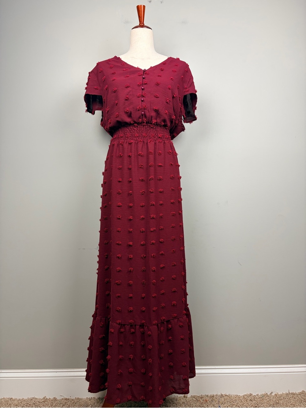 NWT Chic Style XL‎ Burgundy Swiss Dot Maxi Dress Boho Smocked Flutter Sleeve